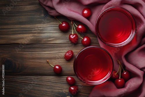 Refreshing cherry drinks served in glasses on rustic wooden table surrounded ...