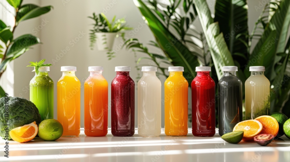 A selection of vibrant, fresh juices, made from a variety of fruits and vegetables, displayed on a white table. Refreshing and healthy A selection of vibrant, fresh juices, made from a variety of fruits and vegetables, displayed on a white table. Refreshing and healthy
