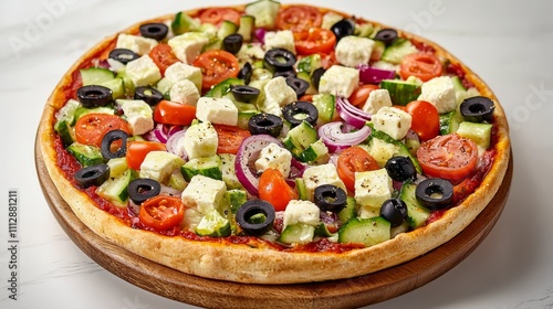 A pizza topped with tomatoes, cucumbers, olives and feta cheese