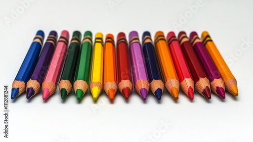 Colorful collection of crayons arranged neatly on a white background for arti...