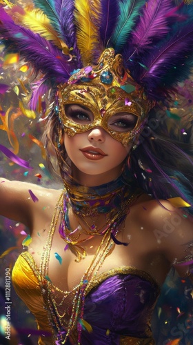 Captivating masked performer in vibrant carnival attire with colorful feather...
