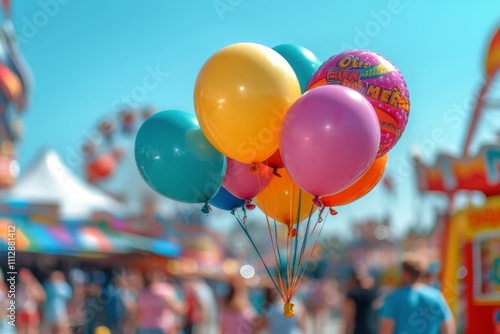 Colorful balloons at a fair with a ferris wheel in the background during sunn...