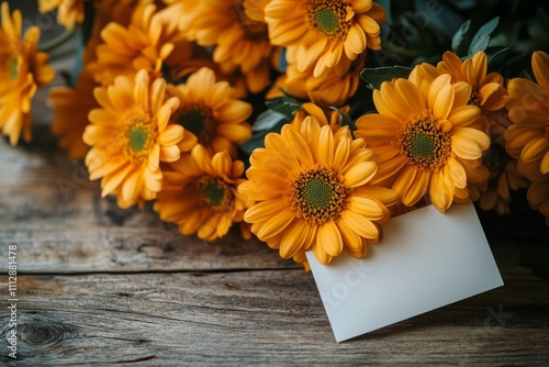 Bright yellow flowers arranged beautifully on a rustic wooden surface with a ...