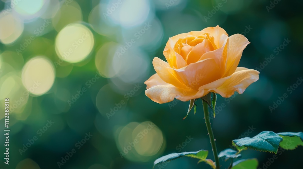 Obraz premium A single yellow rose with green leaves in the background