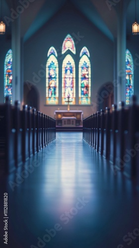 Serenity within a quiet church featuring stained glass windows and pews lined...