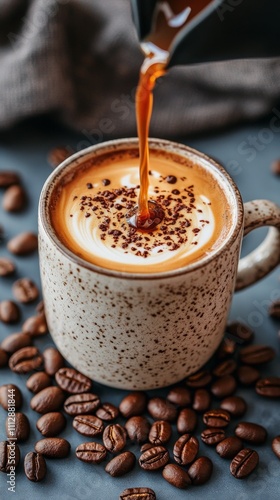 Coffee being poured into a speckled mug surrounded by roasted coffee beans