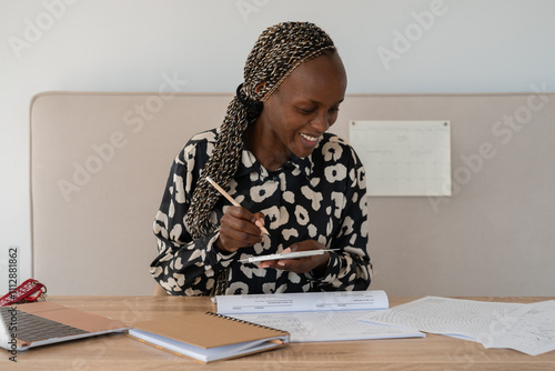 Happy woman studying aviation course