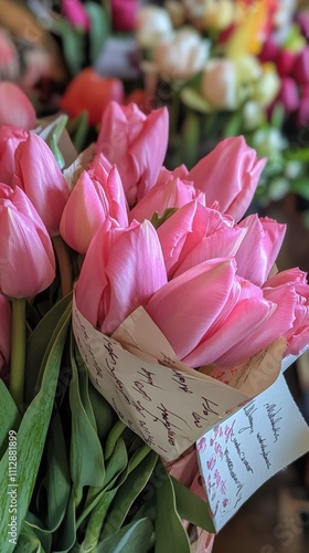 Beautiful bouquet of pink tulips arranged with care in a floral shop setting