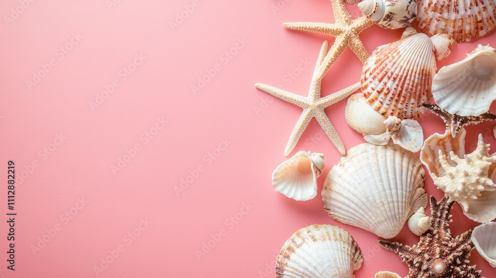 seashells and starfish on a pink background seashells and starfish on a pink background