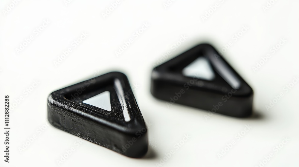 A pair of black triangle shaped earrings on a white surface A pair of black triangle shaped earrings on a white surface