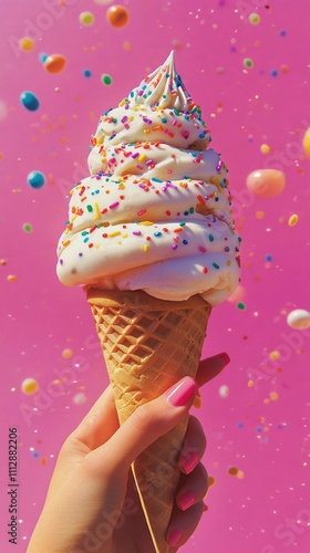 Colorful ice cream cone with sprinkles held against a vibrant pink background