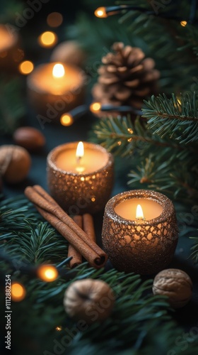 Warm candlelight glows among pine branches and winter decor during the festiv...