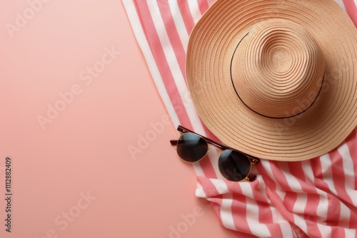 Stylish straw hat and pink striped beach towel on soft surface during sunny a...
