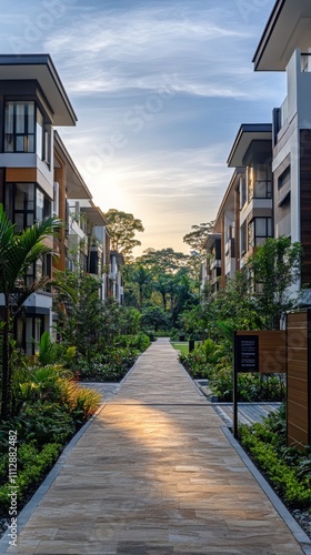 Peaceful urban pathway lined with greenery and modern buildings under a brigh...