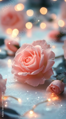 Pink roses with fairy lights creating a romantic atmosphere during evening time