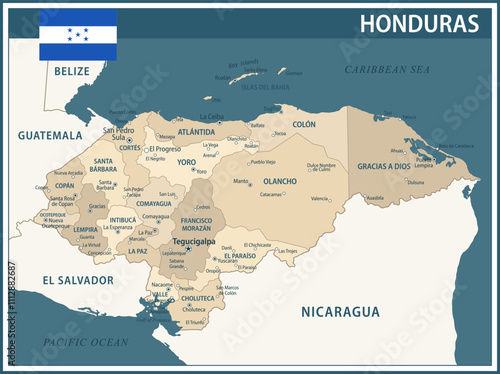 Honduras Map Vector Vintage Dark Blue Beige - Customizable layered political map of Honduras with administrative divisions for website, education, reports, news, politics, print, poster and wallpaper