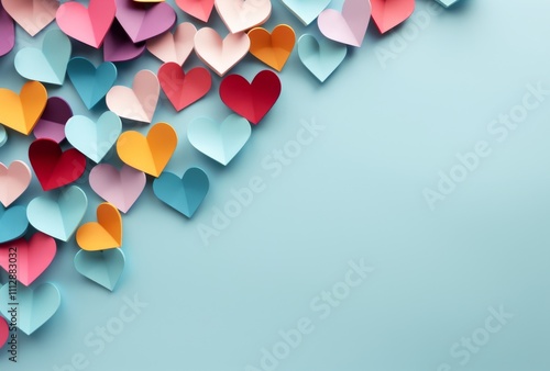 Colorful paper hearts arranged on a blue background create a festive and chee...