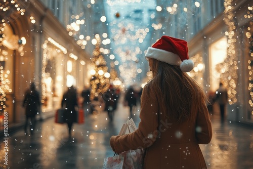 Holiday shopping in a festive market with lights and decorations during winte...