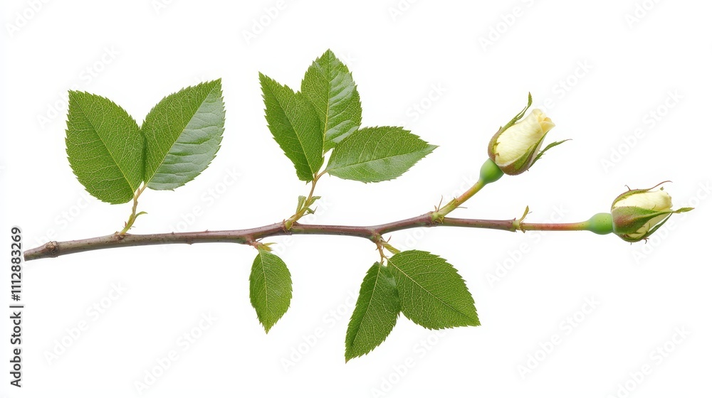 A branch of a tree with green leaves and a white flower