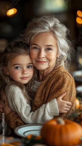 A heartwarming scene of a grandmother and her young granddaughter hugging lovingly in a cozy indoor setting. Their expressions reflect deep affection, surrounded by soft lighting and autumn