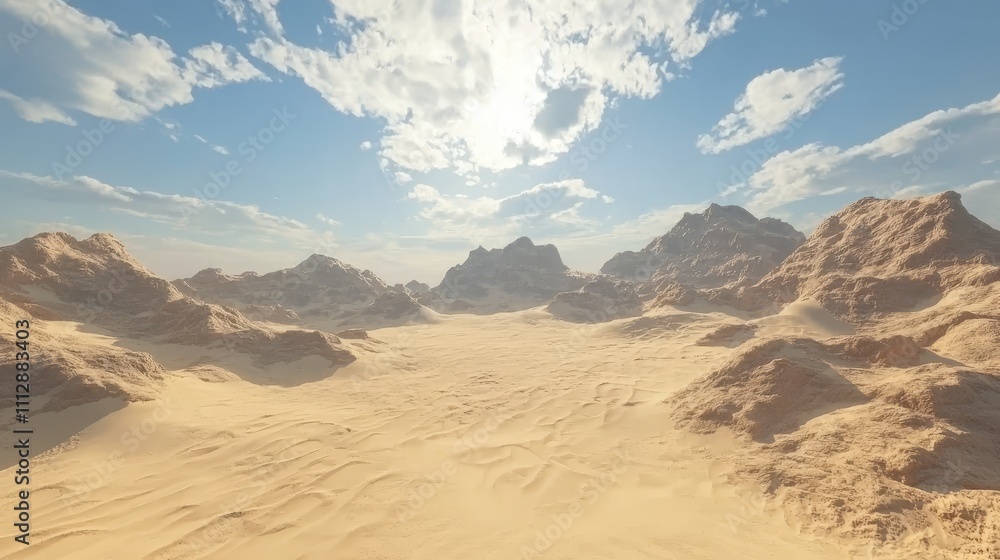 Naklejka premium A desert landscape with sand dunes and mountains in the background