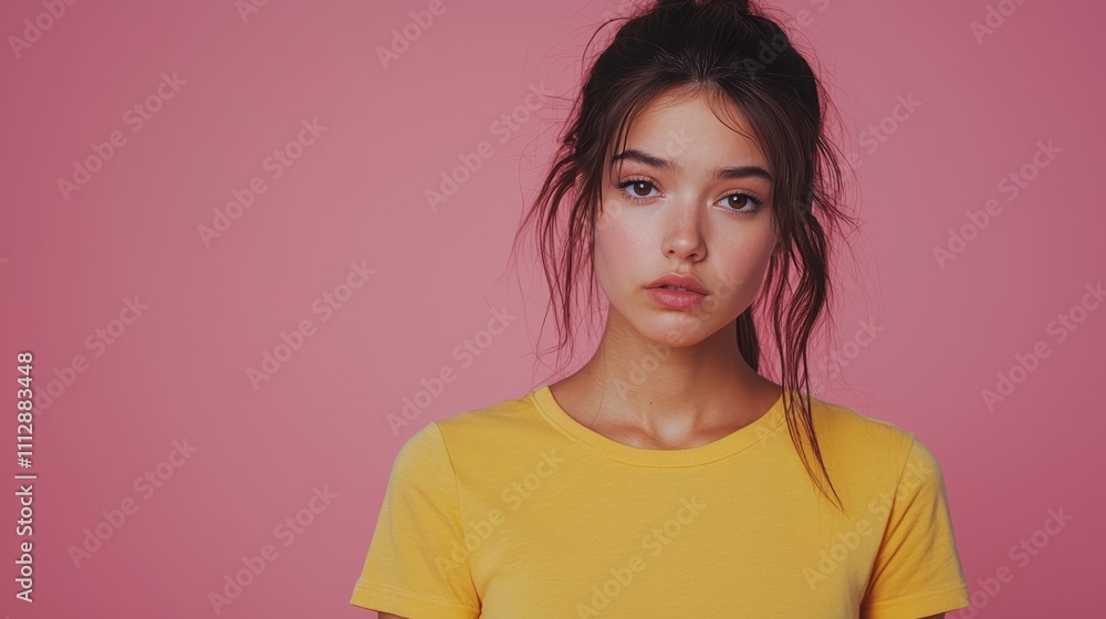 Fototapeta premium A woman in a yellow shirt is looking at the camera