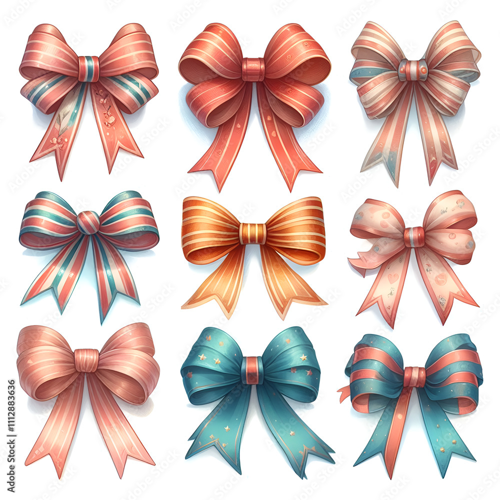 set of red bow, Set of gift ribbons bow illustrations hand painted watercolor styles, a collection of gift boxes with bows and bows set of red bow, Set of gift ribbons bow illustrations hand painted watercolor styles, a collection of gift boxes with bows and bows