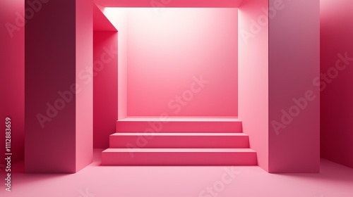 A pink room with a light at the end of the stairs