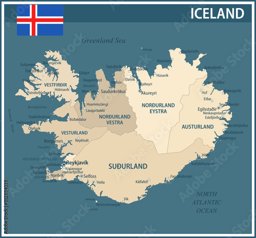 Iceland Map Vector Vintage Dark Blue Beige - Customizable layered political map of Iceland with administrative divisions for website, education, reports, news, politics, print, poster and wallpaper