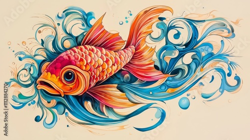 A colorful fish with swirls and bubbles on a white background