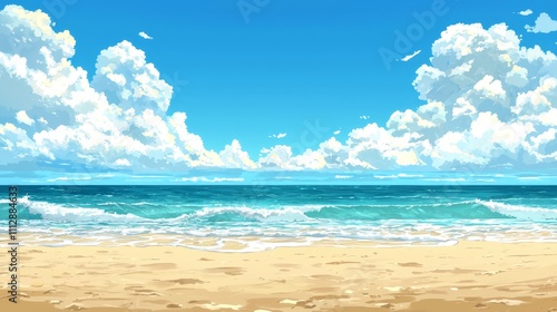 A painting of a beach scene with a blue sky and white clouds