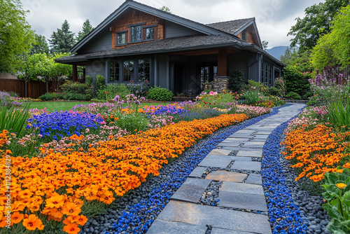 Landscaped Garden Path Leading to a House photo