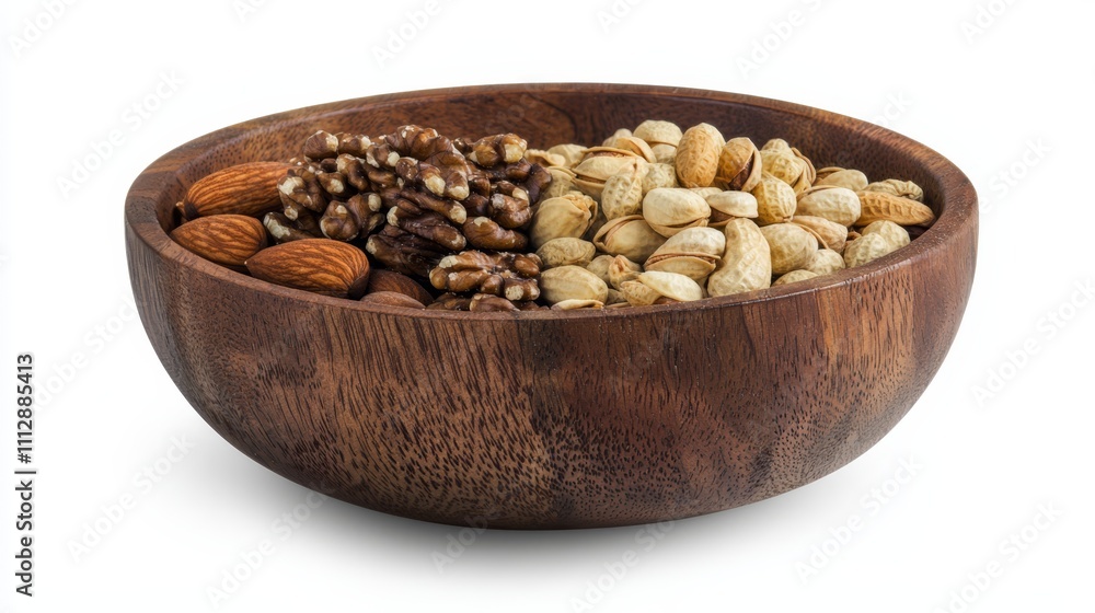 A wooden bowl filled with nuts on a white background A wooden bowl filled with nuts on a white background