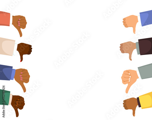 Multiethnic business people hands making thumbs up vector illustration. Collective sentiment of disapproval or dissent concept