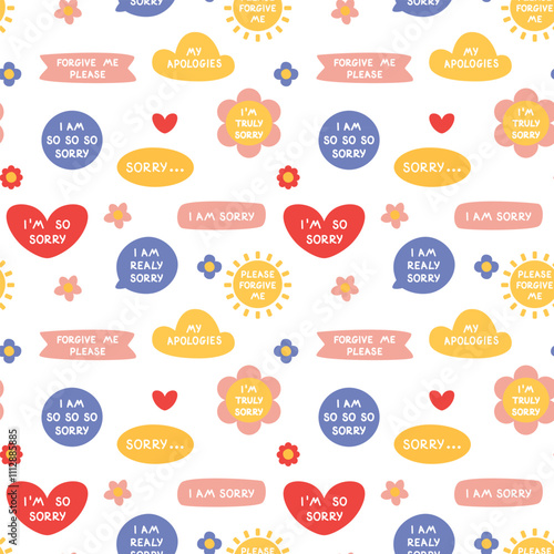 Seamless pattern with apology stickers of different shapes, heart, flower, cloud, sun, circle, ribbon. I'm so sorry. Apology pattern on white background.