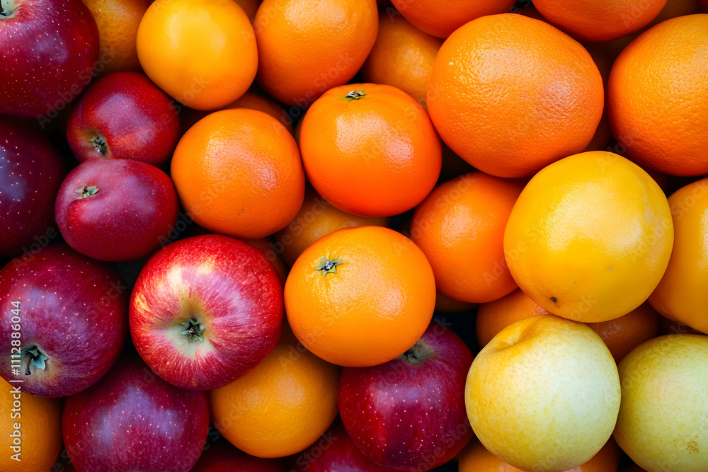 Vibrant fruit market brimming with fresh apples and oranges in a busy town square Vibrant fruit market brimming with fresh apples and oranges in a busy town square