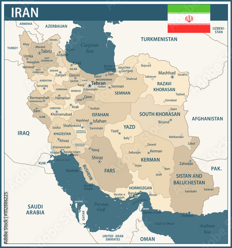Iran Map Vector Vintage Dark Blue Beige - Customizable layered political map of Iran with administrative divisions for website, education, reports, news, politics, print, poster and wallpaper