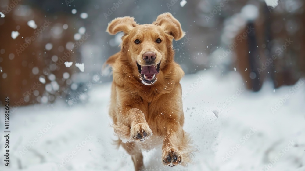Happy Dog Winter. Golden Retriever Running in Slow Motion in Snowy Park Happy Dog Winter. Golden Retriever Running in Slow Motion in Snowy Park