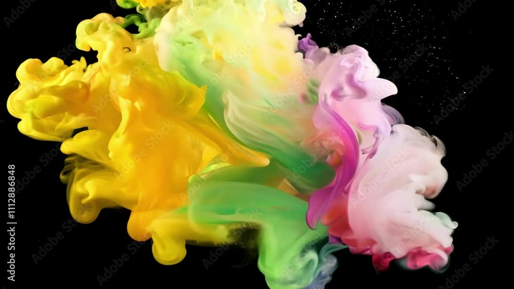 Bright colors blend and twist together in a delightful dance, forming captivating patterns against a black backdrop, highlighting fluid movement and creativity.
