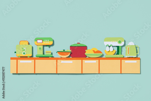 Colorful Kitchen Appliances On Countertop In Paper Craft Style photo