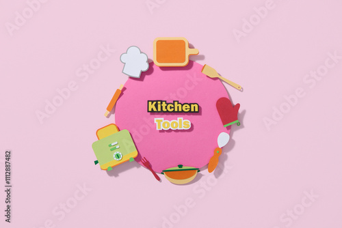 Colorful Paper Kitchen Tools On Pink Background photo