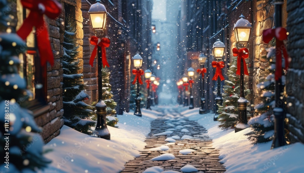 Festive cobblestone alley decorated with snow and red bows for holiday season Festive cobblestone alley decorated with snow and red bows for holiday season