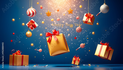 Happy New year magic shopping concept. Christmas gifts, gold bag,Lollipop, decorations and toys are fly or fall in the air on a blue background isolated with white highlights, png photo