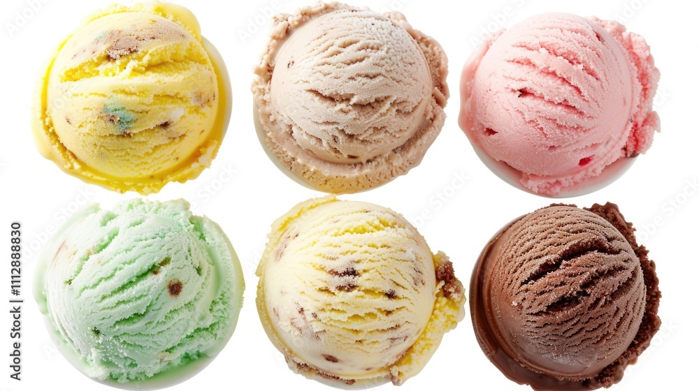 Fototapeta premium Ice Cream Scoops Isolated. Six Different Flavors in a Delicious Cold Dessert Treat