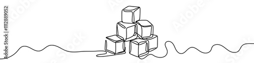 Continuous line drawing of ice cubes melting on a surface. Vector illustration.