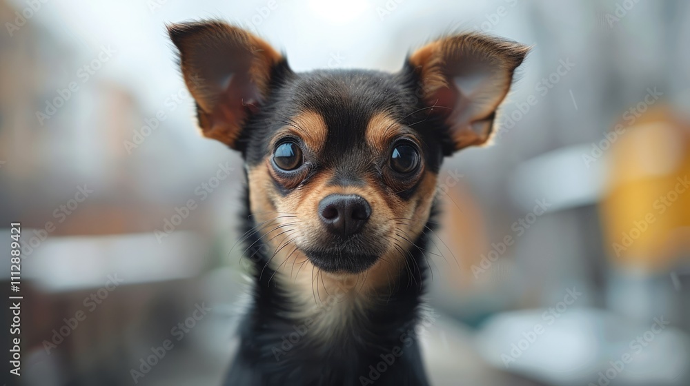 Close-up portrait of an adorable small black and tan chihuahua dog looking directly at the camera. Close-up portrait of an adorable small black and tan chihuahua dog looking directly at the camera.
