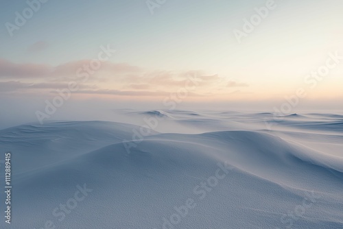 Serene snowy landscape, pastel sunrise.