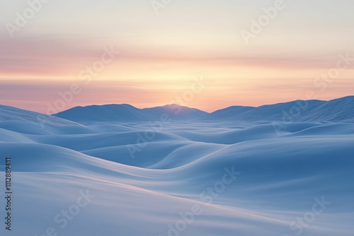 Serene sunset over snow-covered, rolling hills.