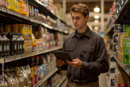 Retail worker using a tablet to manage inventory in a grocery store aisle surrounded by packaged goods and food products