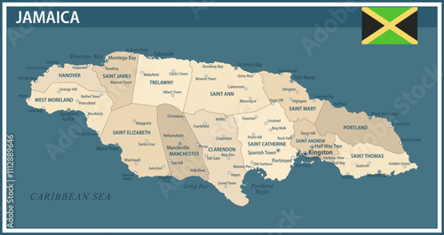 Jamaica Map Vector Vintage Dark Blue Beige - Customizable layered political map of Jamaica with administrative divisions for website, education, reports, news, politics, print, poster and wallpaper